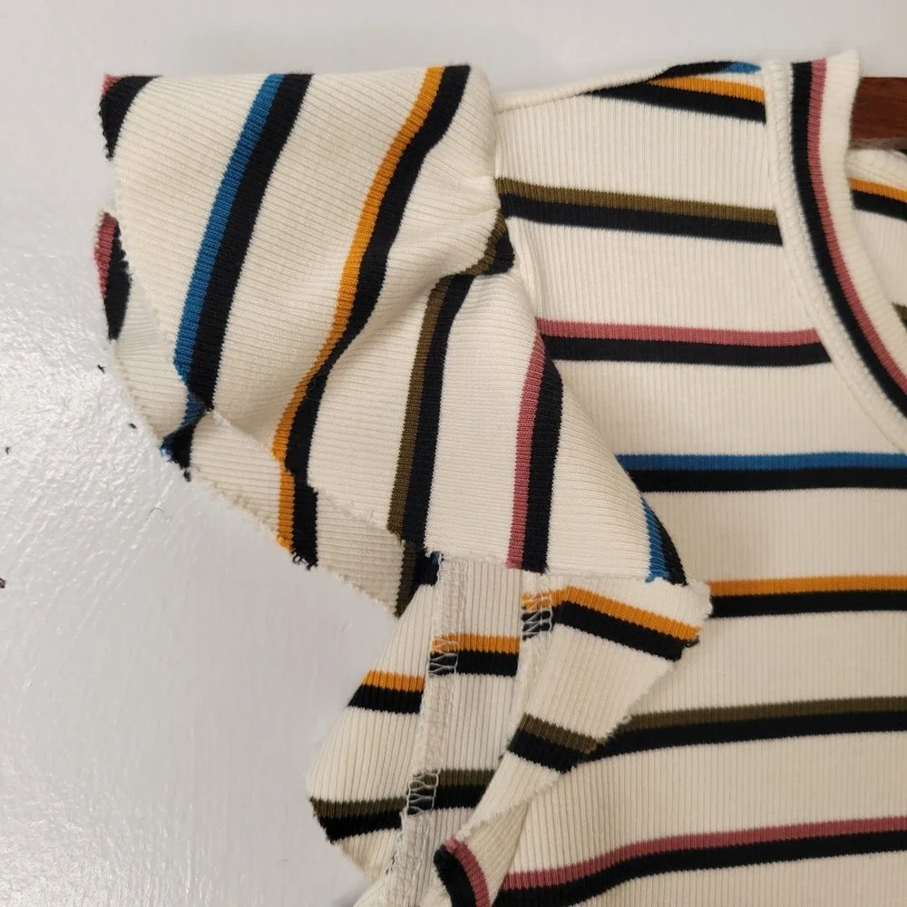 Veronica Beard Jean MultiColor Striped Ruffle Sleeve Ribbed Top Preppy Coastal S - Picture 4 of 15